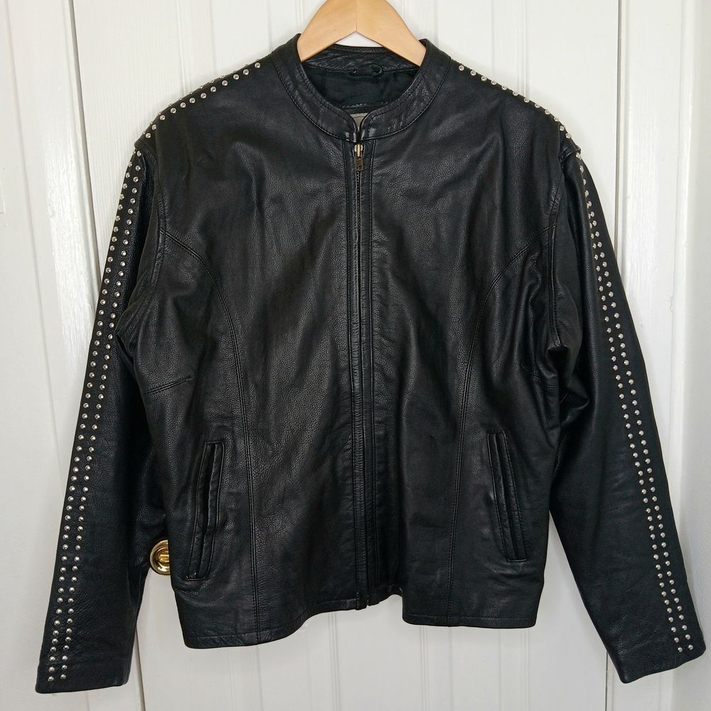 Unik Women's Genuine Leather Jacket XL Black Studded Moto Biker Motorcycle